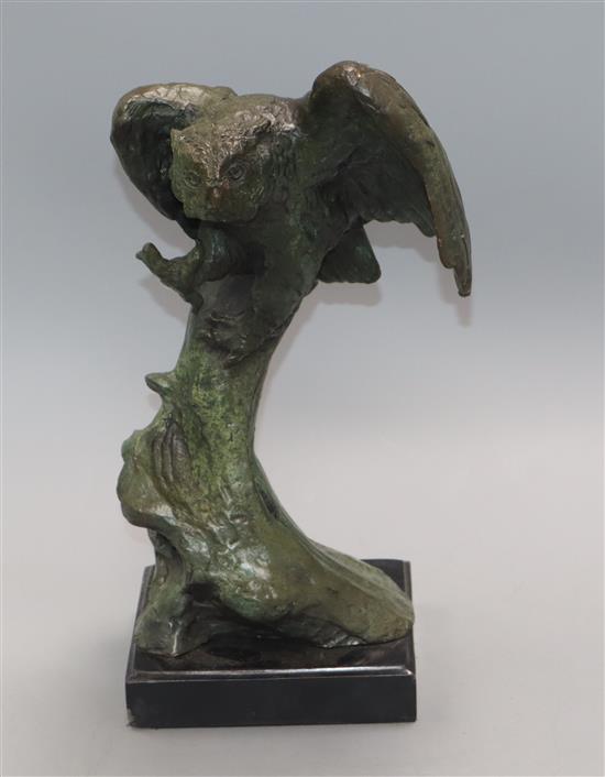 A bronze model of an owl, on a marble base, signed B.C. Zheng height 33.5cm